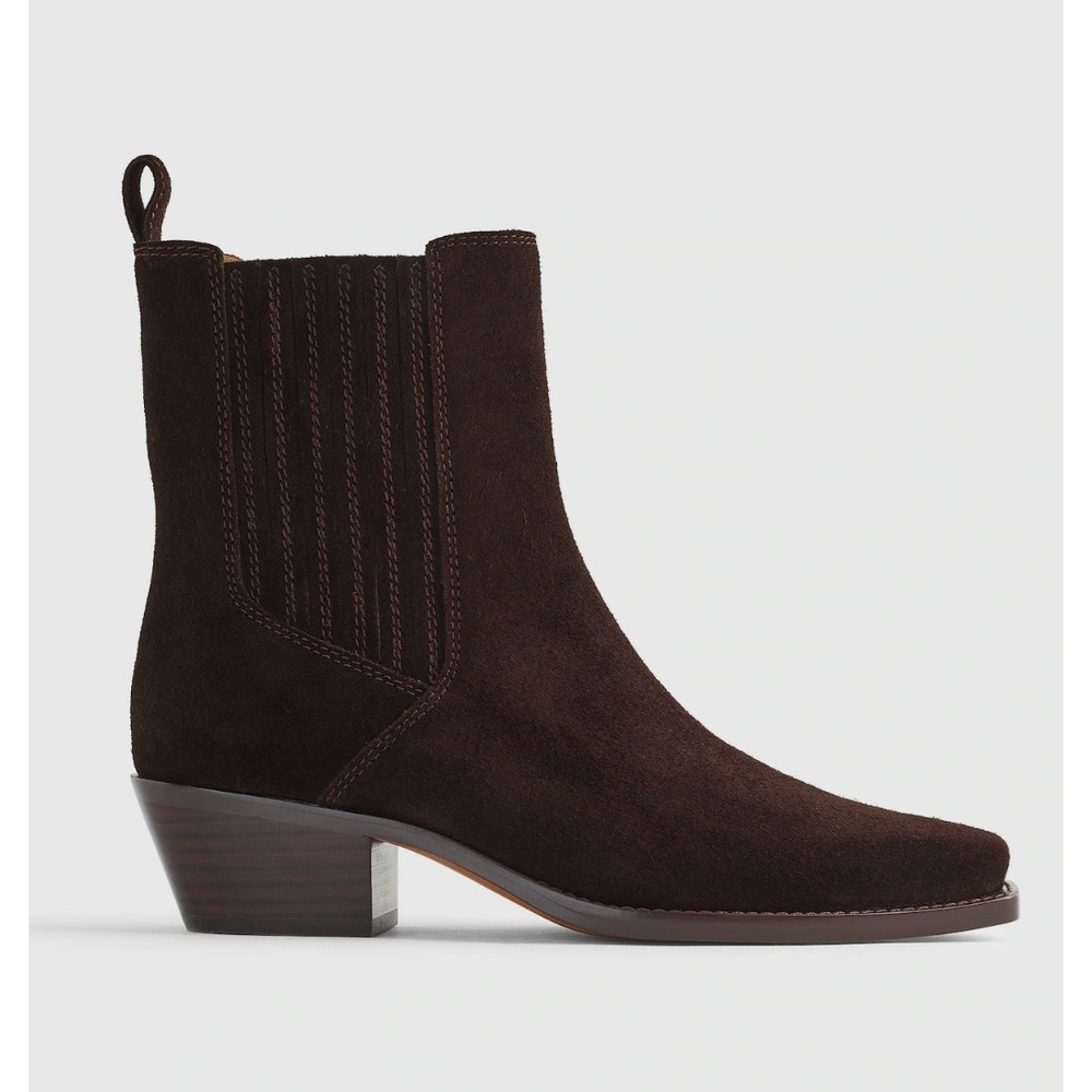 Madewell Ingrid Chelsea Boot Suede Western‎ Snipped Toe Stacked Heel Brown 6.5